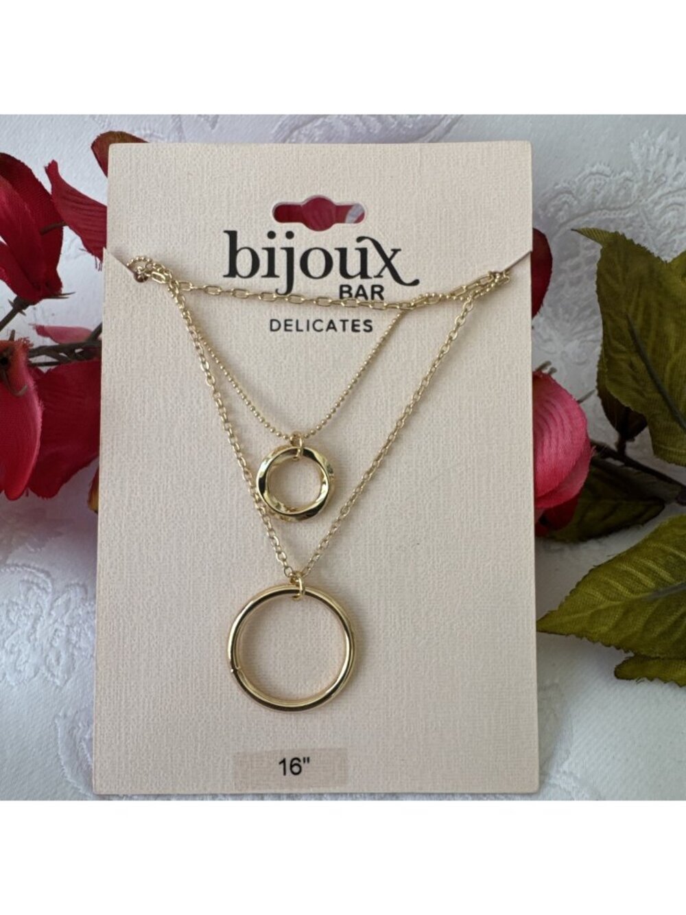 Bijoux Bar Delicates Double O Ring Dainty Gold Tone 16" Statement Necklace NEW